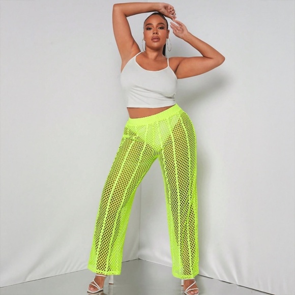 SHEIN SXY Plus Neon Lime Green Swim Cover Up Mesh Club Crochet Sheer Pants 2XL - Picture 1 of 7